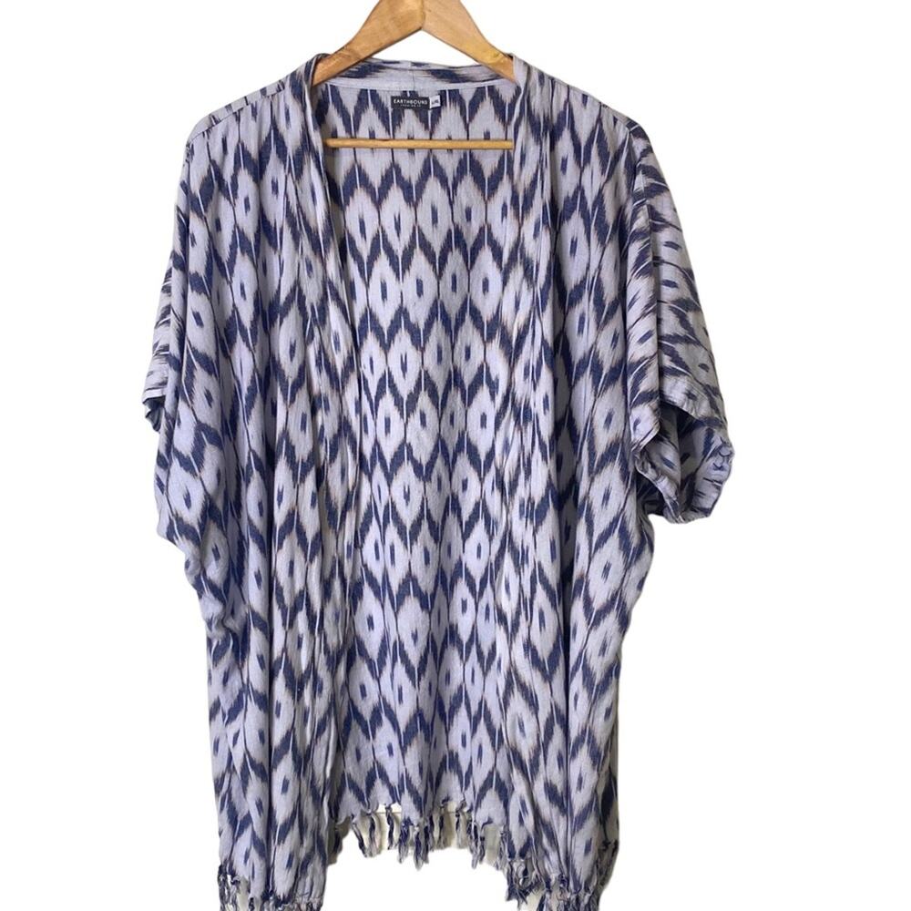Earthbound Trading Co L/XL Fringe Short Sleeve Open Front Ikat Cardigan